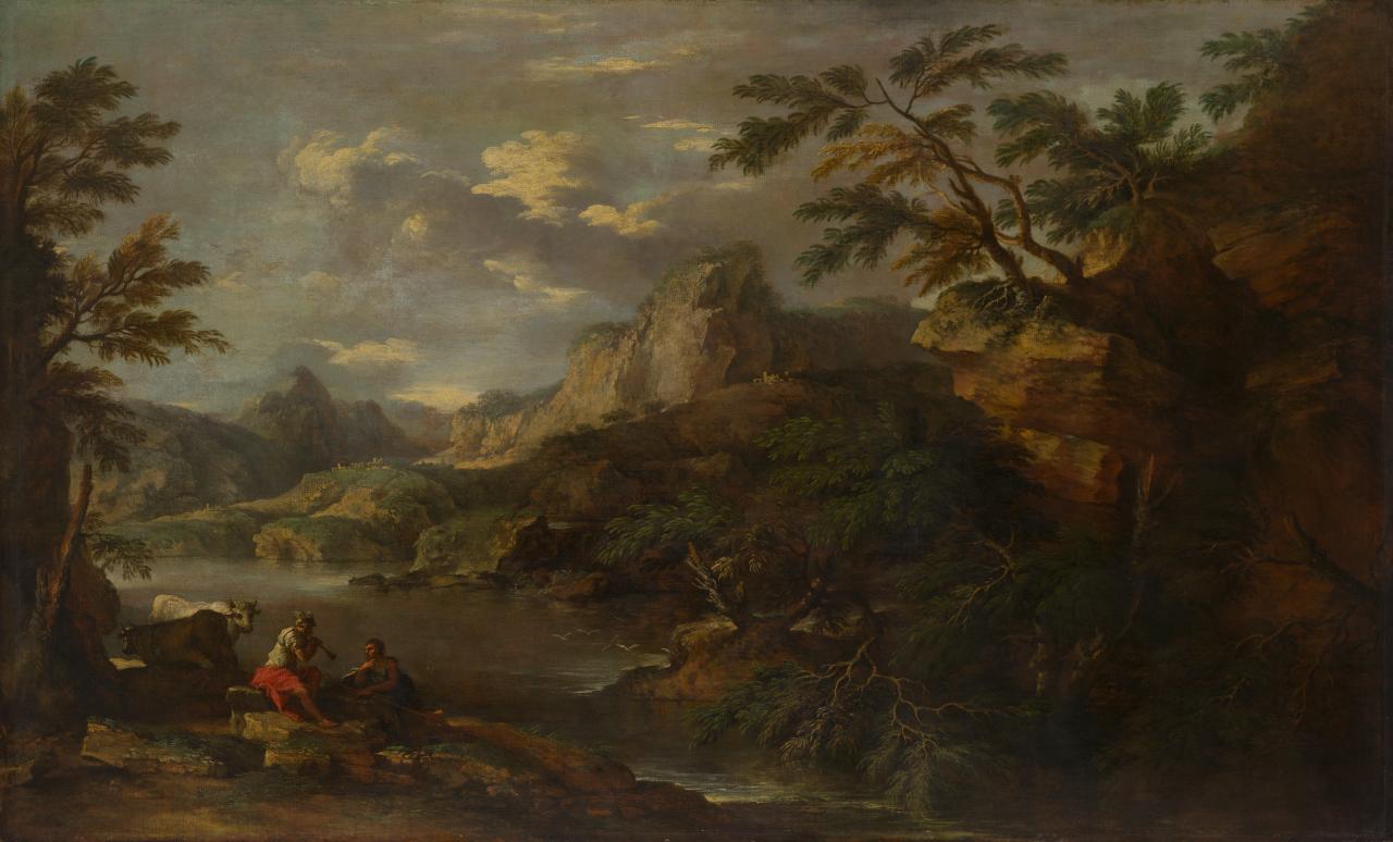 Salvator ROSA<br/>
<em>Romantic landscape with Mercury and Argus</em> (c. 1655-1660) <!-- (recto) --><br />

oil on canvas<br />
123.5 x 203.4 cm<br />
National Gallery of Victoria, Melbourne<br />
Felton Bequest, 1951<br />
2883-4<br />

<!--4311-->