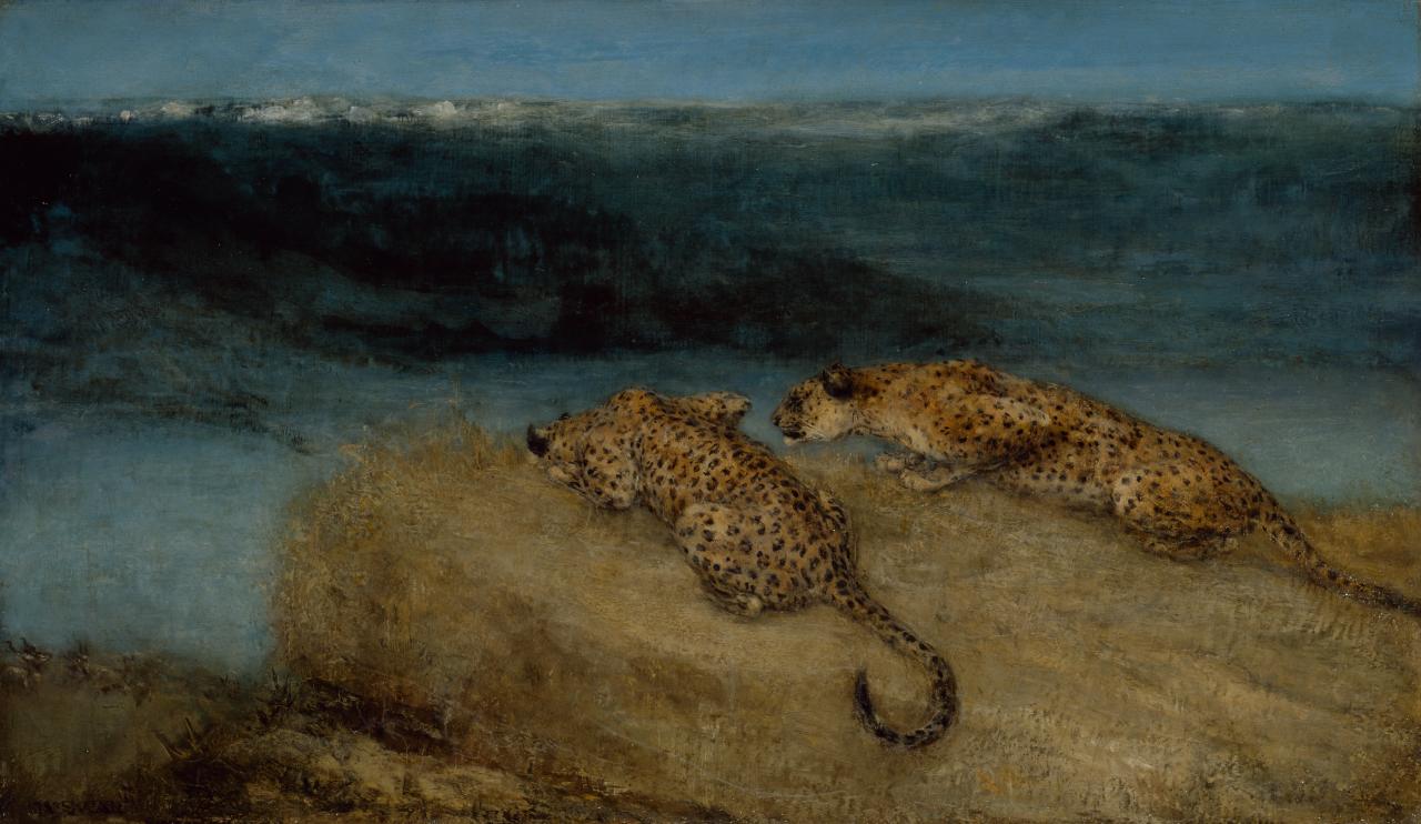 John Macallan SWAN<br/>
<em>African panthers</em> (1891) <!-- (recto) --><br />

oil on canvas<br />
35.6 x 61.4 cm<br />
National Gallery of Victoria, Melbourne<br />
Purchased, 1892<br />
p.397.4-1<br />

<!--4397-->