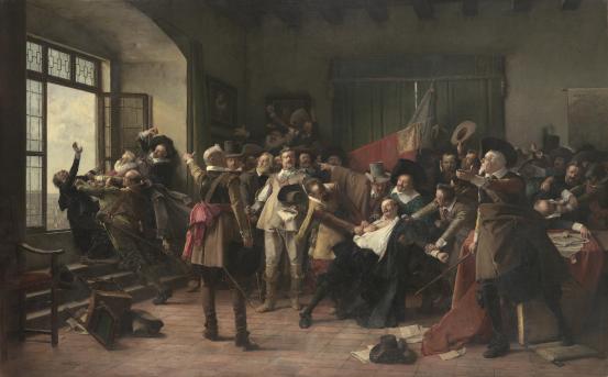 V&aacute;clav BROŽ&Iacute;K<br/>
<em>The defenestration, 1618</em> (1889-1890) <!-- (recto) --><br />
<em>(La Def&eacute;nestration, 1618)</em><br />
oil on canvas<br />
132.7 x 210.6 cm<br />
National Gallery of Victoria, Melbourne<br />
Purchased, 1890<br />
p.316.1-1<br />

<!--3820-->
