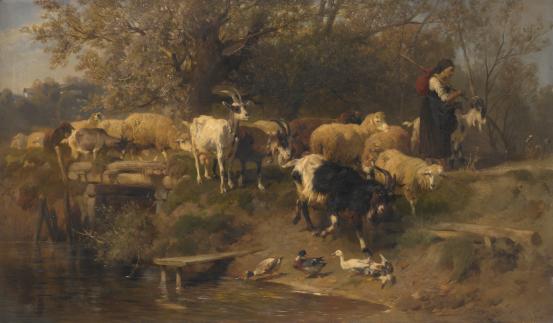 Anton BRAITH<br/>
<em>Shepherdess with sheep and goats</em> 1874 <!-- (recto) --><br />

oil on wood panel<br />
41.0 x 70.1 cm<br />
National Gallery of Victoria, Melbourne<br />
Gift of John H. Connell, 1914<br />
693-2<br />

<!--3812-->