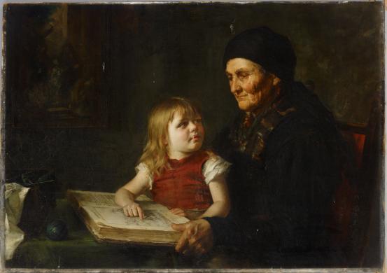 Eleanor BELL<br/>
<em>Grandmother's reading lesson</em> (c. 1880) <!-- (recto) --><br />

oil on canvas<br />
74.7 x 106.2 cm<br />
National Gallery of Victoria, Melbourne<br />
Presented by friends of the artist, 1885<br />
p.311.2-1<br />

<!--3778--><br/><a class="col-link block" href="/explore/collection/work/3778"><strong>Collection page <i class="fa fa-angle-right"></i></strong></a>