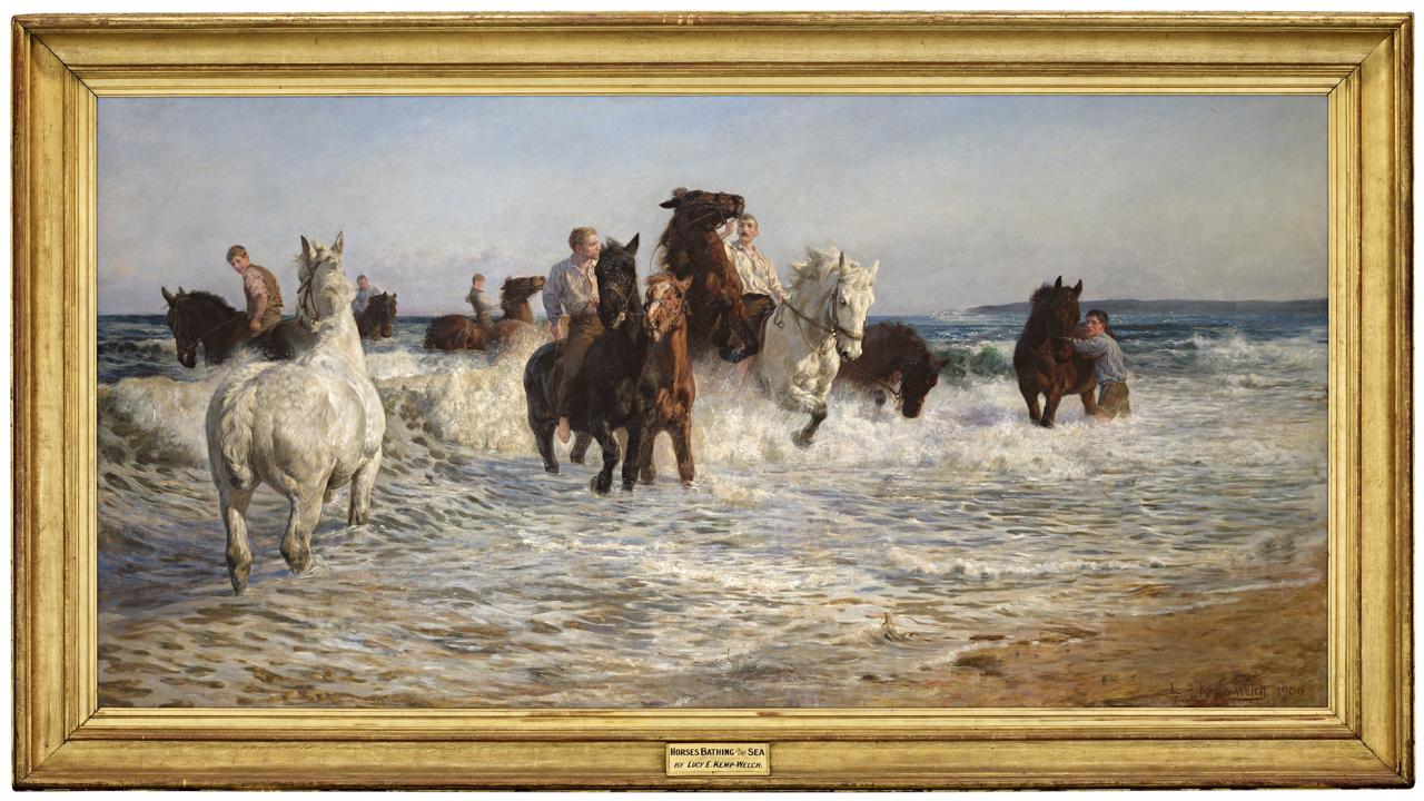 Lucy KEMP-WELCH<br/>
<em>Horses bathing in the sea</em> 1900 <!-- (frame recto) --><br />

oil on canvas<br />
152.9 x 306.5 cm<br />
National Gallery of Victoria, Melbourne<br />
Purchased, 1900<br />
93-2<br />
© Estate of Lucy Kemp-Welch
<!--4100-->