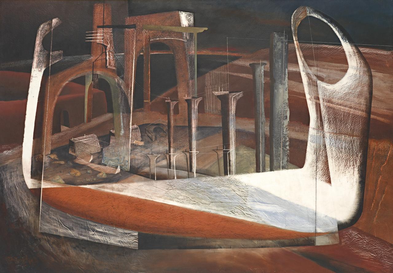 John TUNNARD<br/>
<em>The Levant Mine</em> 1959 <!-- (recto) --><br />

oil on composition board<br />
106.8 x 152.6 cm<br />
National Gallery of Victoria, Melbourne<br />
Felton Bequest, 1960<br />
677-5<br />
© the artist's estate
<!--4421-->