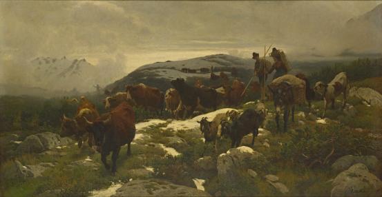 Otto WEBER<br/>
<em>The first snow on the alpine pastures</em> (1866) <!-- (recto) --><br />
<em>(La Premi&egrave;re Neige sur l'Alm)</em><br />
oil on canvas<br />
118.5 x 222.7 cm<br />
National Gallery of Victoria, Melbourne<br />
Purchased, 1868<br />
p.301.9-1<br />

<!--4467-->