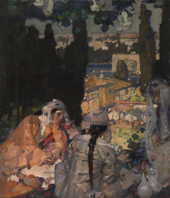 Frank BRANGWYN<br/>
<em>In a Turkish garden</em> (c. 1890) <!-- (recto) --><br />

oil on wood panel<br />
73.8 x 63.5 cm<br />
National Gallery of Victoria, Melbourne<br />
Gift of Mr John H. Connell, 1914<br />
658-2<br />
&copy; the Artist's Estate. All Rights Reserved / Bridgeman Images
<!--3815-->