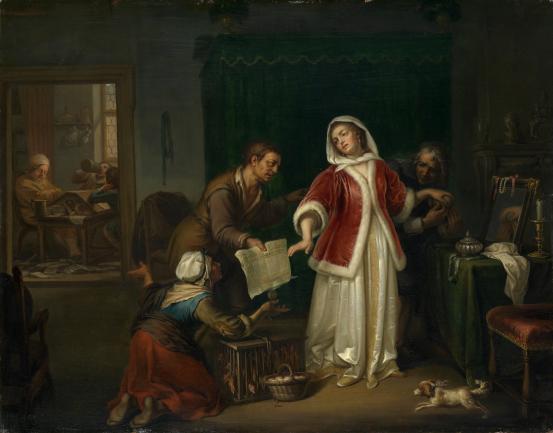 Johann Jakob DORNER I<br/>
<em>The hard landlady</em> 1787 <!-- (recto) --><br />

oil on copper<br />
35.5 x 45.0 cm<br />
National Gallery of Victoria, Melbourne<br />
Felton Bequest, 1936<br />
347-4<br />

<!--3919-->