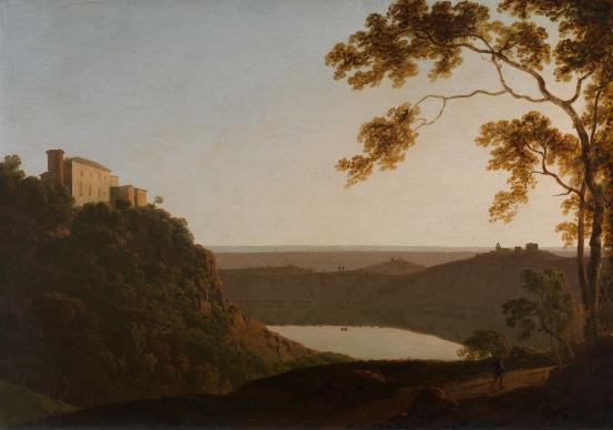 Joseph WRIGHT of Derby<br/>
<em>Lake Nemi, sunset</em> (c. 1790) <!-- (recto) --><br />

oil on wood panel<br />
44.5 x 62.5 cm<br />
National Gallery of Victoria, Melbourne<br />
Accessioned, 1990<br />
E1-1990<br />

<!--5121--><br/><a class="col-link block" href="/explore/collection/work/5121"><strong>Collection page <i class="fa fa-angle-right"></i></strong></a>