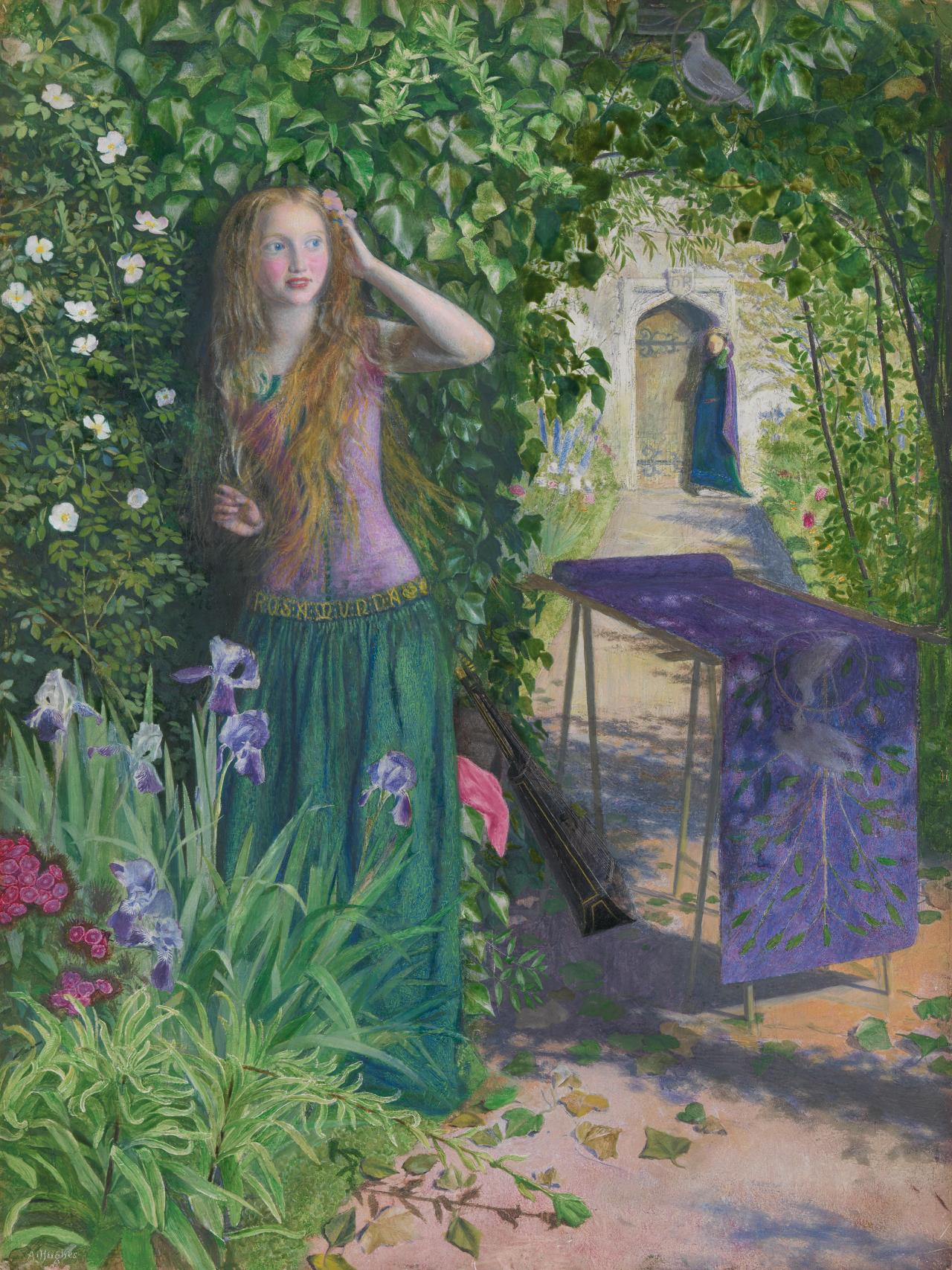 Arthur HUGHES<br/>
<em>Fair Rosamund</em> (1854) <!-- (recto) --><br />

oil on cardboard<br />
40.3 x 30.5 cm<br />
National Gallery of Victoria, Melbourne<br />
Gift of Miss Eva Gilchrist in memory of her uncle P. A. Daniel, 1956<br />
3334-4<br />

<!--4069-->