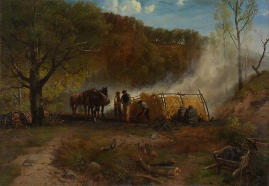 Richard BEAVIS<br/>
<em>The charcoal burners</em> (1874) <!-- (recto) --><br />

oil on canvas<br />
87.0 x 124.8 cm<br />
National Gallery of Victoria, Melbourne<br />
Bequest of Alfred Felton, 1904<br />
135-2<br />

<!--3774-->
