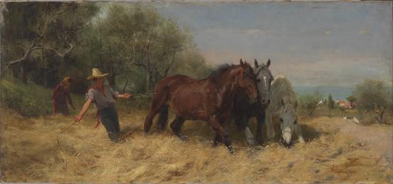 Arthur LEMON<br/>
<em>Corn threshing in Tuscany</em> (c. 1886) <!-- (recto) --><br />

oil on canvas<br />
71.7 x 154.8 cm<br />
National Gallery of Victoria, Melbourne<br />
Gift of Mr William Drummond, 1914<br />
756-2<br />

<!--4136-->
