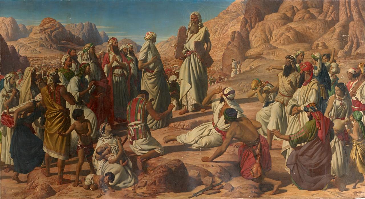 John Rogers HERBERT<br/>
<em>Moses bringing down the Tables of the Law</em> (1850s) {cartoon}; (1872)-1877 {painting} <!-- () --><br />

oil on paper on canvas<br />
344.5 x 634.5 cm irreg.<br />
National Gallery of Victoria, Melbourne<br />
Purchased, 1878<br />
p.306.4-1<br />

<!--4030-->