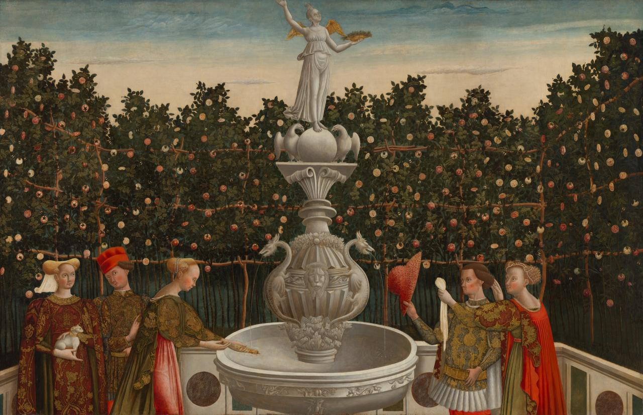 MASTER OF THE STORIES OF HELEN<br />
 Antonio VIVARINI (studio of)<br/>
<em>The Garden of Love</em> (c. 1465-1470) <!-- (recto) --><br />

oil, tempera and gold on spruce panel<br />
152.5 x 239.0 cm<br />
National Gallery of Victoria, Melbourne<br />
Felton Bequest, 1948<br />
1827-4<br />

<!--4440-->