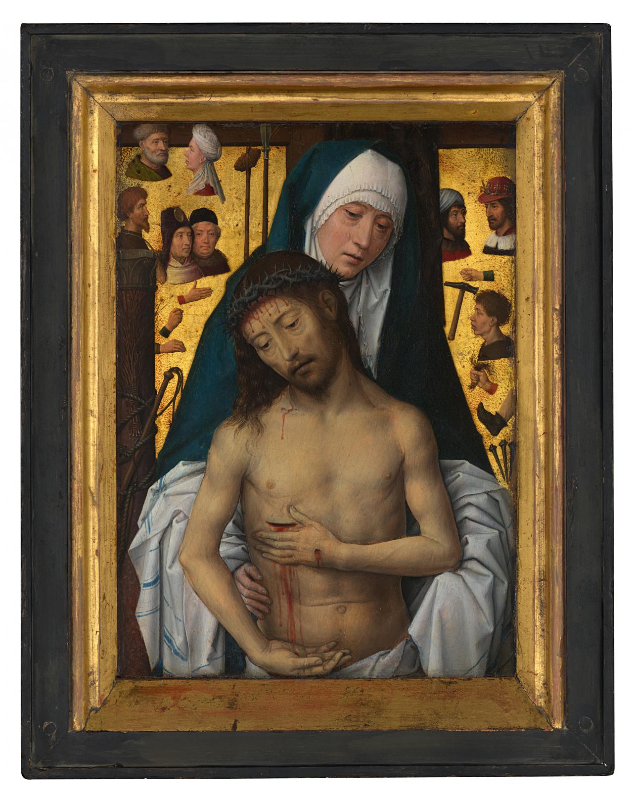 Hans MEMLING<br/>
<em>The Man of Sorrows in the arms of the Virgin</em> (1475) {or (1479)} <!-- (frame recto) --><br />

oil and gold leaf on wood panel<br />
27.4 x 19.9 cm<br />
National Gallery of Victoria, Melbourne<br />
Felton Bequest, 1924<br />
1335-3<br />

<!--4179-->