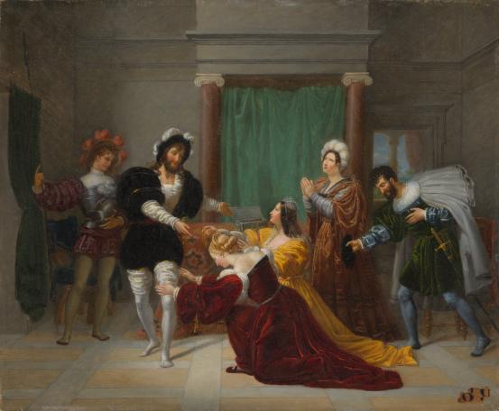 Jean-Philibert DUMET<br/>
<em>The generosity of the Chevalier Bayard</em> (1814) <!-- (recto) --><br />
<em>(G&eacute;n&eacute;rosit&eacute; du chevalier Bayard)</em><br />
oil on canvas<br />
38.1 x 46.0 cm<br />
National Gallery of Victoria, Melbourne<br />
Presented by Patrick Matthiesen and The Matthiesen Gallery, London to commemorate the 150th Anniversary of the National Gallery of Victoria, 2011<br />
2011.401<br />

<!--99775-->