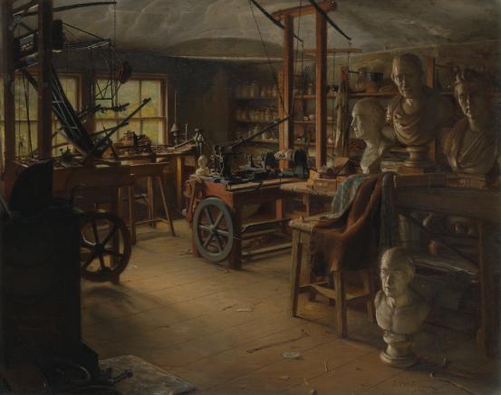 Jonathan PRATT<br/>
<em>James Watt's workshop</em> 1886 <!-- (recto) --><br />

oil on canvas<br />
40.5 x 51.0 cm<br />
National Gallery of Victoria, Melbourne<br />
Gift of Messers George and Richard Tangye, 1889<br />
p.314.1-1<br />

<!--4274-->