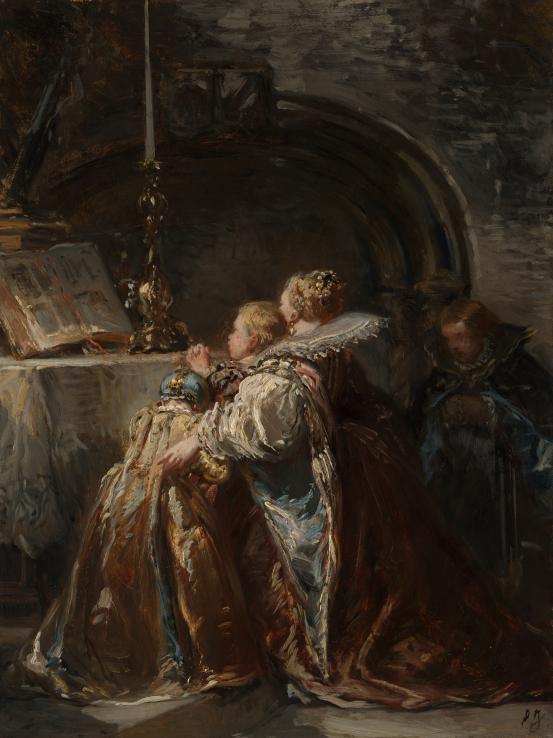 Eugene ISABEY<br/>
<em>Prayer in the chapel</em> before 1900 <!-- (recto) --><br />
<em>(Pri&egrave;re dans la chapelle)</em><br />
oil on canvas<br />
37.2 x 28.0 cm<br />
National Gallery of Victoria, Melbourne<br />
Felton Bequest, 1905<br />
208-2<br />

<!--4079-->