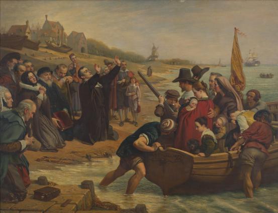 Charles COPE<br/>
<em>The Pilgrim Fathers: Departure of a Puritan family for New England</em> 1856 <!-- (recto) --><br />

oil on canvas<br />
221.5 x 287.6 cm<br />
National Gallery of Victoria, Melbourne<br />
Purchased by the Commissioners of Fine Arts for Victoria, 1864<br />
p.300.10-1<br />

<!--3872-->