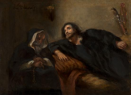 Eugène DELACROIX<br/>
<em>The confession of the Giaour</em> (c. 1825-1840) <!-- (recto) --><br />
<em>(Confession du Giaour)</em><br />
oil on canvas<br />
23.8 x 32.2 cm<br />
National Gallery of Victoria, Melbourne<br />
Felton Bequest, 1910<br />
489-2<br />

<!--3907--><br/><a class="col-link block" href="/explore/collection/work/3907"><strong>Collection page <i class="fa fa-angle-right"></i></strong></a>