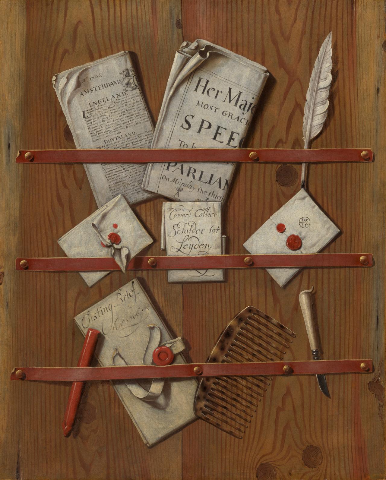 Edwaert COLLIER<br/>
<em>Trompe l'œil with a letter rack holding newspapers, letters, writing equipment and a comb</em> 1706 <!-- (recto) --><br />

oil on canvas<br />
66.0 x 53.4 cm<br />
National Gallery of Victoria, Melbourne<br />
Felton Bequest, 2020<br />
2020.520<br />

<!--144815-->