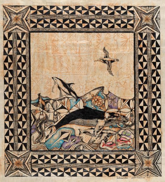 Tui Emma Gillies<br />
 Sulieti Fieme'a Burrows<br/>
<em>Pacifika Ocean</em> 2024 <!-- (recto) --><br />

Tongan feta'aki (tapa cloth), umea (red earth from Falevai, Vava'u) tapioca starch (organic glue), synthetic polymer paint, ink and vintage kupesi<br />
(195.0 x 175.0 cm)<br />
National Gallery of Victoria, Melbourne<br />
Purchased with funds donated by Krystyna Campbell-Pretty AM and Family and Christopher Thomas AM and Cheryl Thomas, 2024<br />
2024.983<br />
© Tui Emma Gillies and Sulieti Fieme'a Burrows
<!--155675--><br/><a class="col-link block" href="/explore/collection/work/155675"><strong>Collection page <i class="fa fa-angle-right"></i></strong></a>