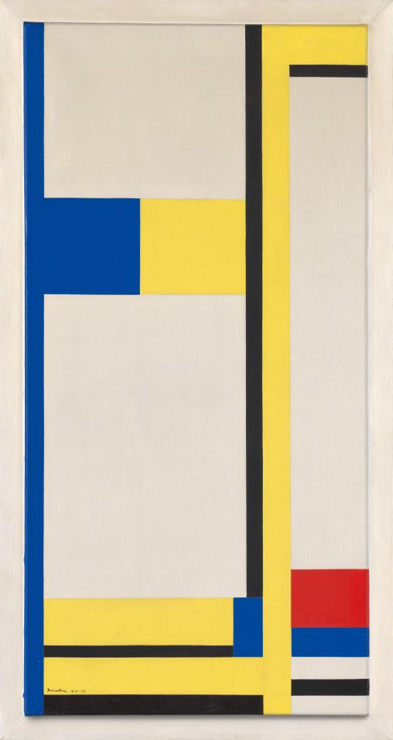 Marlow MOSS<br/>
<em>Composition yellow, blue, black, red and white</em> 1956-1957 <!-- (recto) --><br />

oil on canvas and wood<br />
91.6 x 45.9 cm (canvas) 98.8 x 52.4 cm (framed)<br />
National Gallery of Victoria, Melbourne<br />
John William Fawcett Bequest, 2025<br />
2025.91<br />
&copy; The Estate of Marlow Moss
<!--156989-->