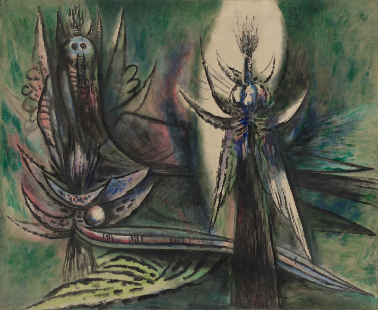 Wifredo LAM<br/>
<em>Damballah</em> (c. 1945-1946) <!-- (recto) --><br />

oil on canvas<br />
125.0 x 153.0 cm<br />
National Gallery of Victoria, Melbourne<br />
John William Fawcett Bequest, 2025<br />
<br />
&copy; Estate of Wifredo Lam, Licensed by Copyright Agency, Australia
<!--158141-->