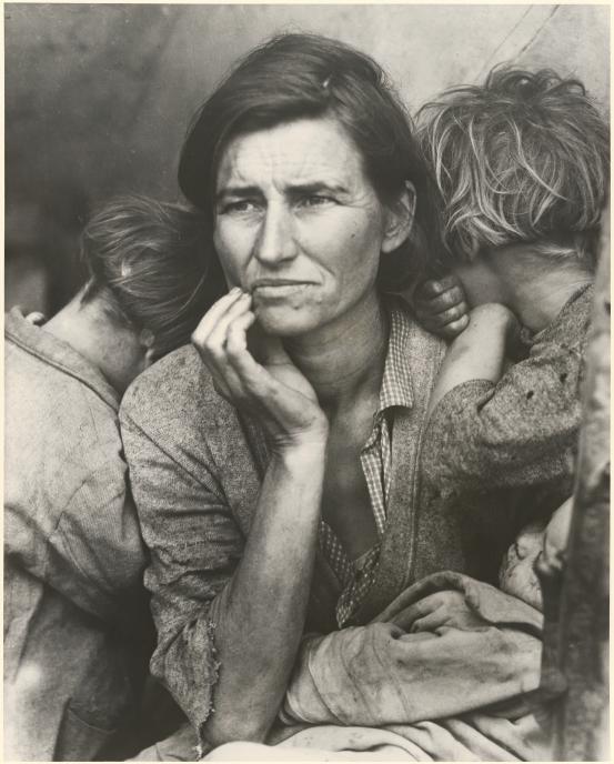 Dorothea LANGE<br/>
<em>Migrant Mother, Nipomo, California</em> (1936); (c. 1975) {printed} <!-- (recto) --><br />

gelatin silver photograph<br />
49.4 x 39.6 cm (image) 50.6 x 40.7 cm (sheet)<br />
National Gallery of Victoria, Melbourne<br />
Purchased, 1975<br />
PH90-1975<br />

<!--8153--><br/><a class="col-link block" href="/explore/collection/work/8153"><strong>Collection page <i class="fa fa-angle-right"></i></strong></a>