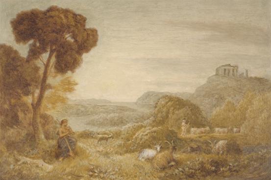 Edward CALVERT<br/>
<em>Souvenir of Claude</em> (c. 1844-1883) <!-- (recto) --><br />

oil on cardboard<br />
26.6 x 38.0 cm<br />
National Gallery of Victoria, Melbourne<br />
Felton Bequest, 1921<br />
1199-3<br />

<!--30734-->
