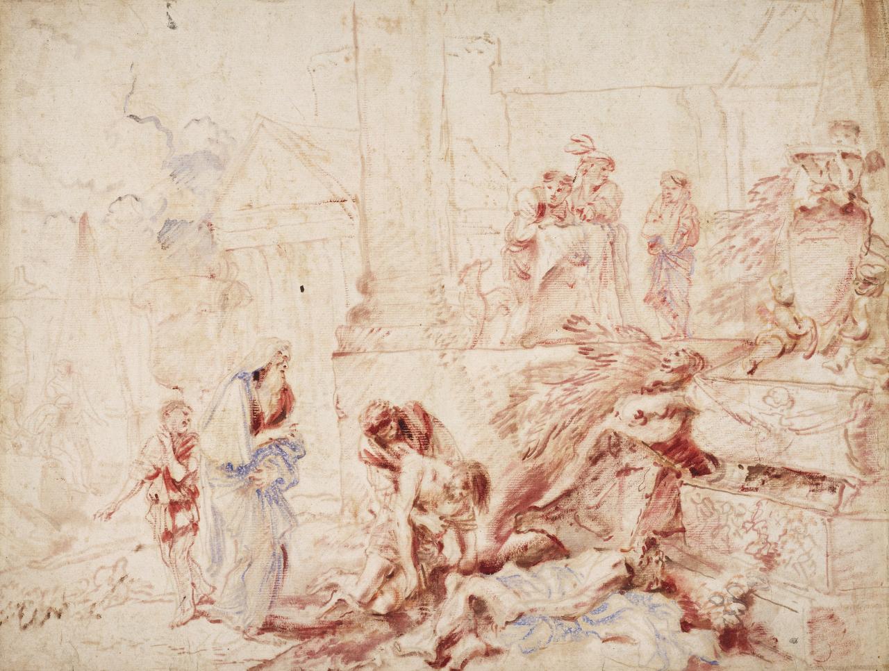 Giovanni Benedetto CASTIGLIONE<br/>
<em>Tobit burying the dead</em> (c. 1655-1660) <!-- (recto) --><br />

brush drawing in red and pale-blue paint with touches of dark red and dark brown paint on beige paper with ruled ink border edged with gold; laid down<br />
40.5 x 54.2 cm<br />
National Gallery of Victoria, Melbourne<br />
Purchased, 1970<br />
P85-1970<br />

<!--24691-->