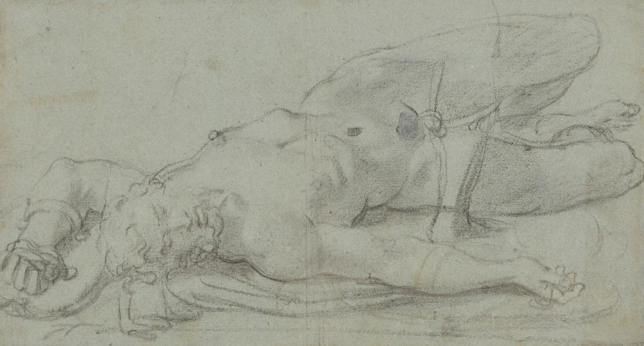 Annibale CARRACCI<br/>
<em>A naked warrior lying on the ground</em> (c. 1603-1604) <!-- (recto) --><br />

black chalk on blue paper<br />
26.0 x 46.4 cm (sheet)<br />
National Gallery of Victoria, Melbourne<br />
Bequest of Howard Spensley, 1939<br />
592-4<br />

<!--39040-->