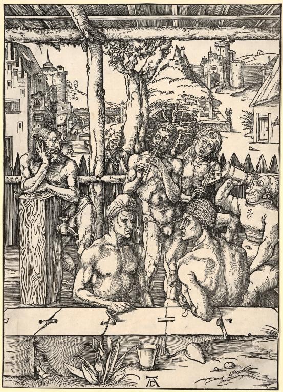 Albrecht DÜRER<br/>
<em>The bath house</em> (c. 1496-1497) <!-- (recto) --><br />

woodcut<br />
39.4 x 28.4 cm (image and sheet)<br />
National Gallery of Victoria, Melbourne<br />
Felton Bequest, 1956<br />
3596-4<br />

<!--43507--><br/><a class="col-link block" href="/explore/collection/work/43507"><strong>Collection page <i class="fa fa-angle-right"></i></strong></a>