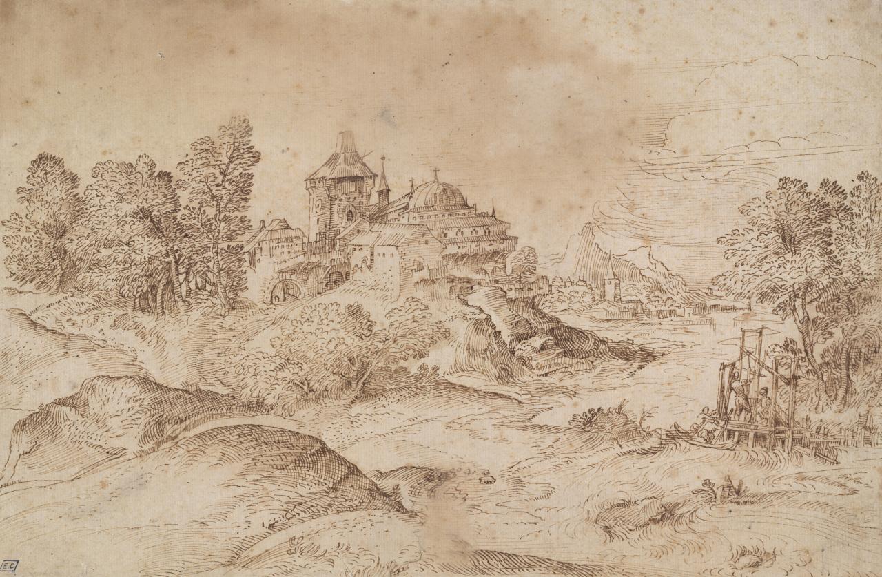 Domenico CAMPAGNOLA<br/>
<em>Extensive landscape with a castle</em> (late 1530s-early 1540s) <!-- (recto) --><br />

pen and brown ink; laid down on blue card, with ruled black ink border edged with gold<br />
18.3 x 27.9 cm (sheet)<br />
National Gallery of Victoria, Melbourne<br />
Purchased, 1956<br />
3391-4<br />

<!--43218-->