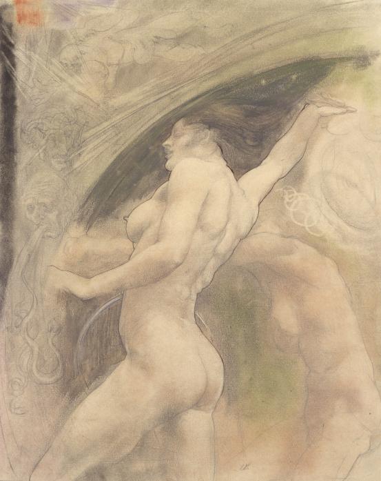 Austin SPARE<br/>
<em>Nude female figure</em> (1920s-early 1940s) <!-- (recto) --><br />

pastel and pen and ink over pencil<br />
42.0 x 33.3 cm (comp.) 42.8 x 34.3 cm irreg. (image and sheet)<br />
National Gallery of Victoria, Melbourne<br />
Gift of Sir Michael Sadler and and his son Mr Michael Sadler, 1944<br />
1402-4<br />

<!--40003-->