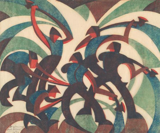 Sybil ANDREWS<br/>
<em>Sledgehammers</em> 1933 <!-- (recto) --><br />

colour linocut on buff oriental paper<br />
26.3 x 31.6 cm (block) 27.9 x 33.3 cm (sheet)<br />
ed. 19/60<br />
National Gallery of Victoria, Melbourne<br />
Felton Bequest, 1937<br />
431-4<br />
&copy; Estate of Sybil Andrews, Glenbow, Calgary, Canada
<!--38912-->