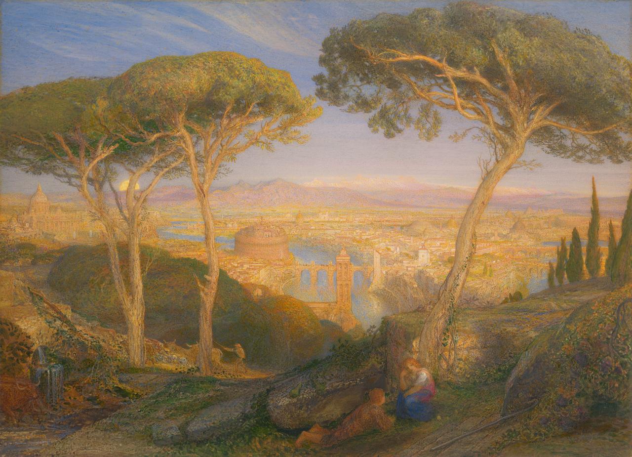 Samuel PALMER<br/>
<em>The Golden City: Rome from the Janiculum</em> 1873 <!-- (recto) --><br />

watercolour and gouache with traces of pencil, black chalk and gum arabic<br />
51.4 x 71.0 cm (sheet)<br />
National Gallery of Victoria, Melbourne<br />
Presented by members of the Varley Family, 1927<br />
3470-3<br />

<!--27578-->