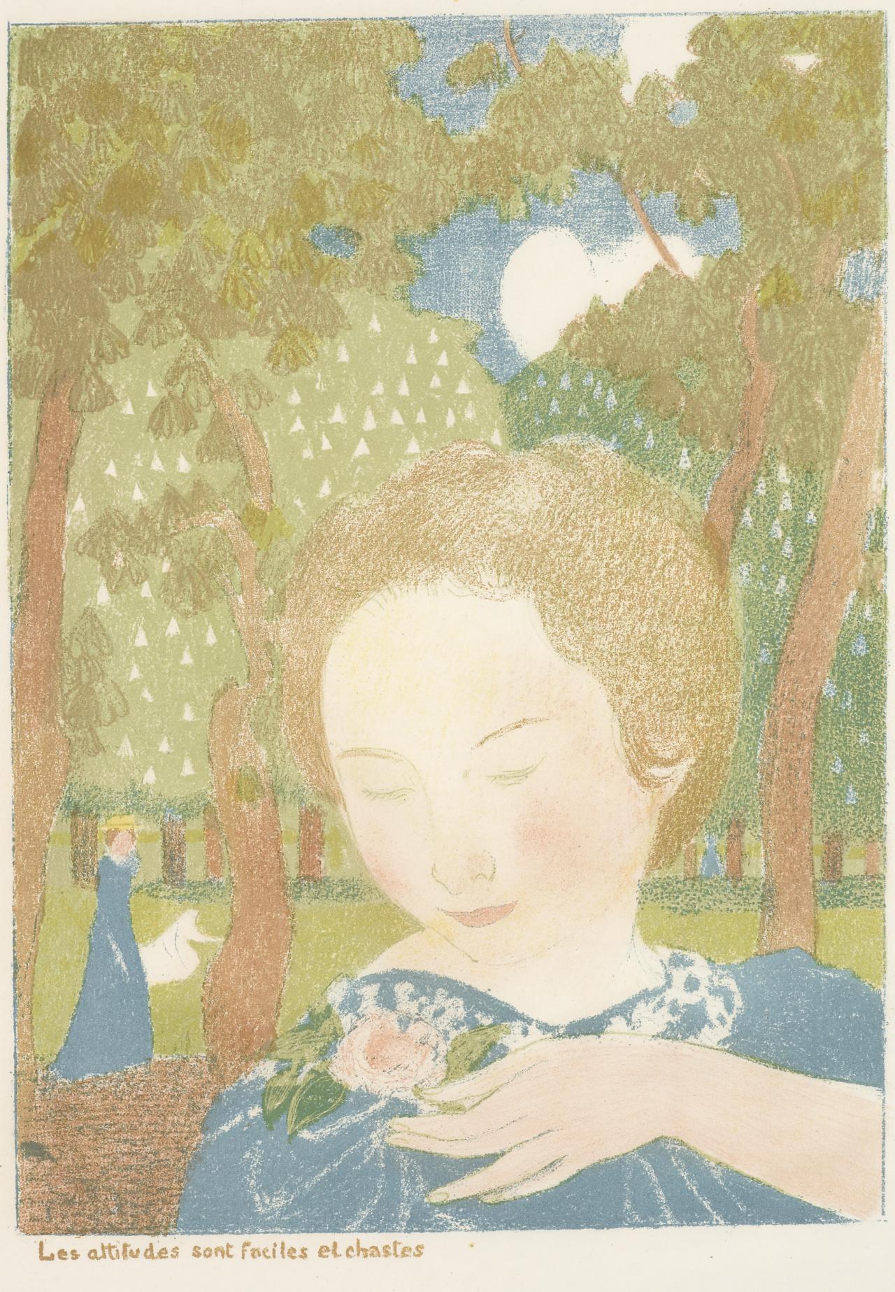 Maurice DENIS<br/>
<em>Attitudes are easy and chaste</em> (c. 1897-1898) <!-- (recto) --><br />
<em>(Les attitudes sont faciles et chastes)</em><br />
plate 2 from the <i>Amour (Love)</i> suite, published 1899<br />
colour lithograph<br />
38.6 x 28.0 cm (image) 53.4 x 40.7 cm (sheet)<br />
National Gallery of Victoria, Melbourne<br />
Purchased, NGV Women's Association with the assistance of Jennifer Lempriere, 2008<br />
2008.378.3<br />

<!--88643-->