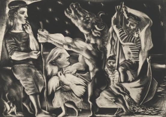 Pablo PICASSO<br/>
<em>Blind minotaur led by a little girl in the night</em> (1934) <!-- (recto) --><br />
<em>(Minotaure aveugle guid&eacute; par une filette dans la nuit)</em><br />
plate 97 from <i>The Vollard Suite</i> 1930&ndash;37<br />
aquatint, drypoint and etching<br />
24.0 x 34.1 cm (image) 24.6 x 34.6 cm (plate) 34.2 x 44.7 cm (sheet)<br />
4th of 4 states<br />
National Gallery of Victoria, Melbourne<br />
Purchased, NGV Foundation, NGV Supporters of Prints and Drawings with the assistance of Lyn Williams AM, Christine Healy and Rick Amor, 2011<br />
2011.36<br />
&copy; Sucession Picasso/Copyright Agency
<!--96795-->