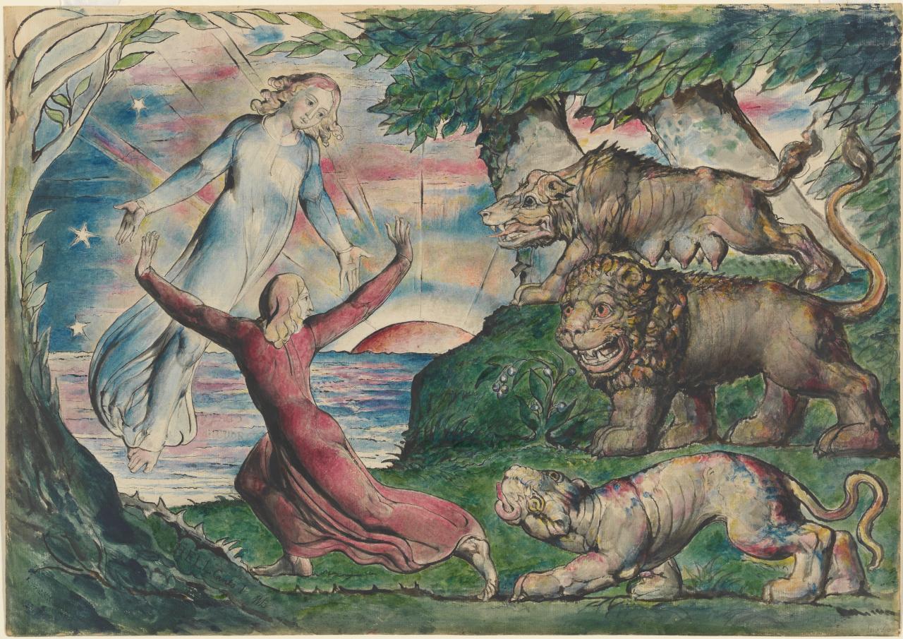 William BLAKE<br/>
<em>Dante running from the Three Beasts</em> (1824-1827) <!-- (recto) --><br />
illustration for <i>The Divine Comedy</i> by Dante Alighieri (<i>Inferno</i> I, 1-90)<br />
pen and ink and watercolour over pencil and black chalk<br />
37.3 x 52.8 cm (image and sheet)<br />
National Gallery of Victoria, Melbourne<br />
Felton Bequest, 1920<br />
988-3<br />

<!--26892-->