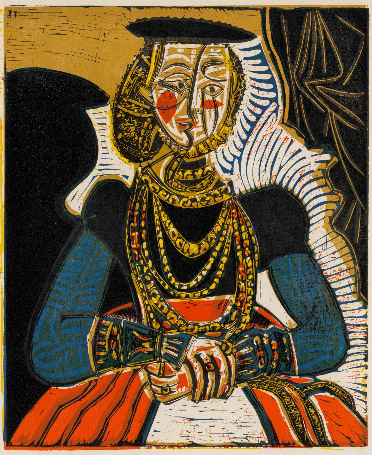 Pablo PICASSO<br/>
<em>Portrait of a young woman, after Cranach the Younger, II</em> 1958 <!-- (recto) --><br />
<em>(Portrait de Jeune Fille, d'après Cranach le Jeune, II)</em><br />
colour linocut<br />
64.4 x 53.4 cm (block) 76.9 x 57.5 cm (sheet)<br />
printer's proof<br />
National Gallery of Victoria, Melbourne<br />
Purchased, 1996<br />
1996.598<br />
© Sucession Picasso/Copyright Agency
<!--59139-->