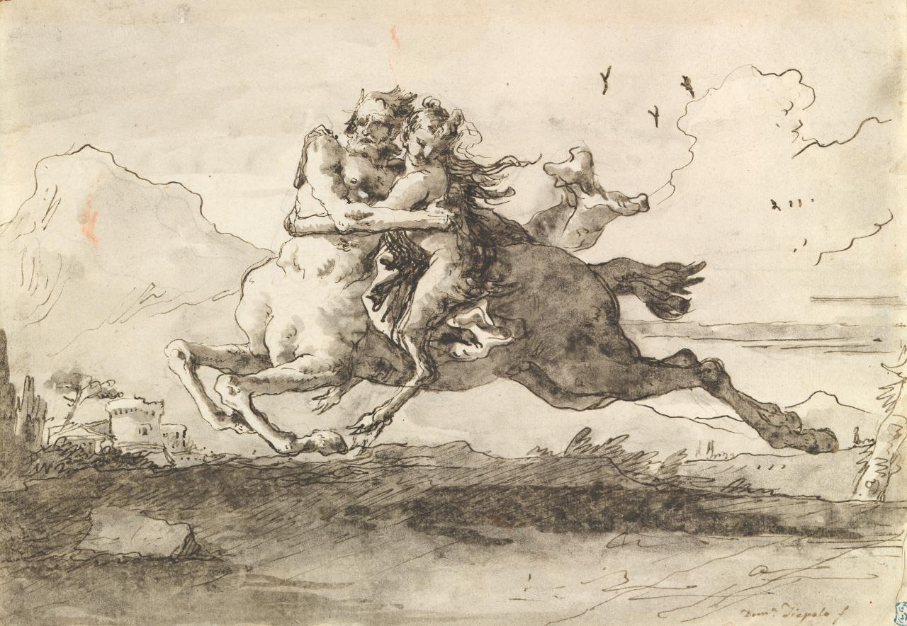 Giandomenico TIEPOLO<br/>
<em>Centaur carrying off a female faun</em> (1750s-1780s) <!-- (recto) --><br />

pen and brown ink, brush and brown ink<br />
18.9 x 27.3 cm<br />
National Gallery of Victoria, Melbourne<br />
Felton Bequest, 1960<br />
672-5<br />

<!--27769-->