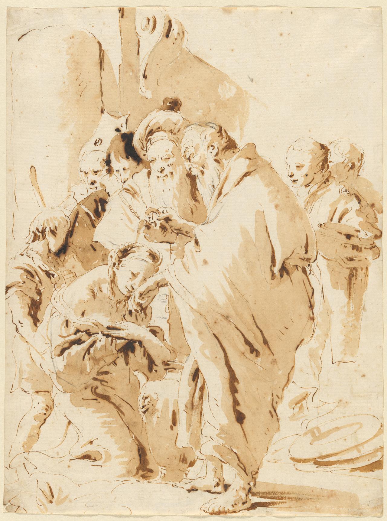 Giambattista TIEPOLO<br/>
<em>Saint Prosdocimus baptizing Saint Giustina</em> (c. 1735-1740) <!-- (recto) --><br />

pen and bistre ink and wash<br />
33.5 x 25.0 cm (sheet)<br />
National Gallery of Victoria, Melbourne<br />
Felton Bequest, 1961<br />
1019-5<br />

<!--27770-->