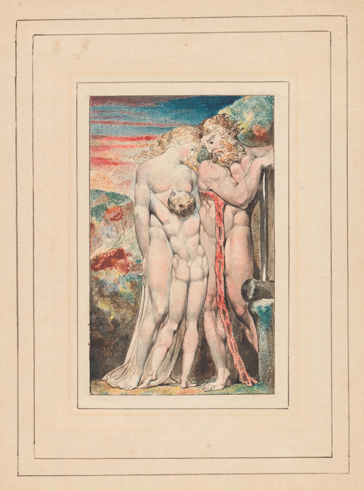 William BLAKE<br/>
<em>Los, Enitharmon and Orc</em> (c. 1795) <!-- (recto) --><br />
plate 21 from <i>The First Book of Urizen</i>, 1794, re-issued as part of <i>The Large Book of Designs</i>, copy B<br />
colour relief etching printed in opaque pigments, and finished with watercolour and pen and ink<br />
16.6 x 10.2 cm (image and plate) 25.4 x 18.5 cm (border) 31.4 x 25.1 cm (sheet)<br />
National Gallery of Victoria, Melbourne<br />
Felton Bequest, 1920<br />
1027-3<br />

<!--27153-->