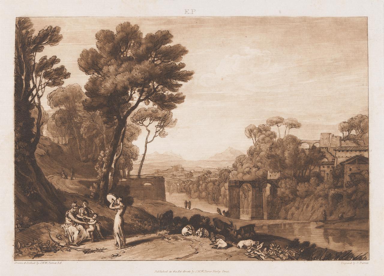 J. M. W. TURNER<br />
 Charles TURNER (engraver)<br/>
<em>The woman and tambourine</em> (1807) <!-- (recto) --><br />
from <i>Liber Studiorum</i>, part I, 11 June 1807<br />
etching and mezzotint printed in brown ink<br />
18.4 x 26.7 cm (image) 19.9 x 26.7 cm (image and text) 20.9 x 29.2 cm (plate) 29.6 x 44.3 cm irreg. (sheet)<br />
1st of 4 states<br />
National Gallery of Victoria, Melbourne<br />
Felton Bequest, 1949<br />
2136A-4<br />

<!--40780-->