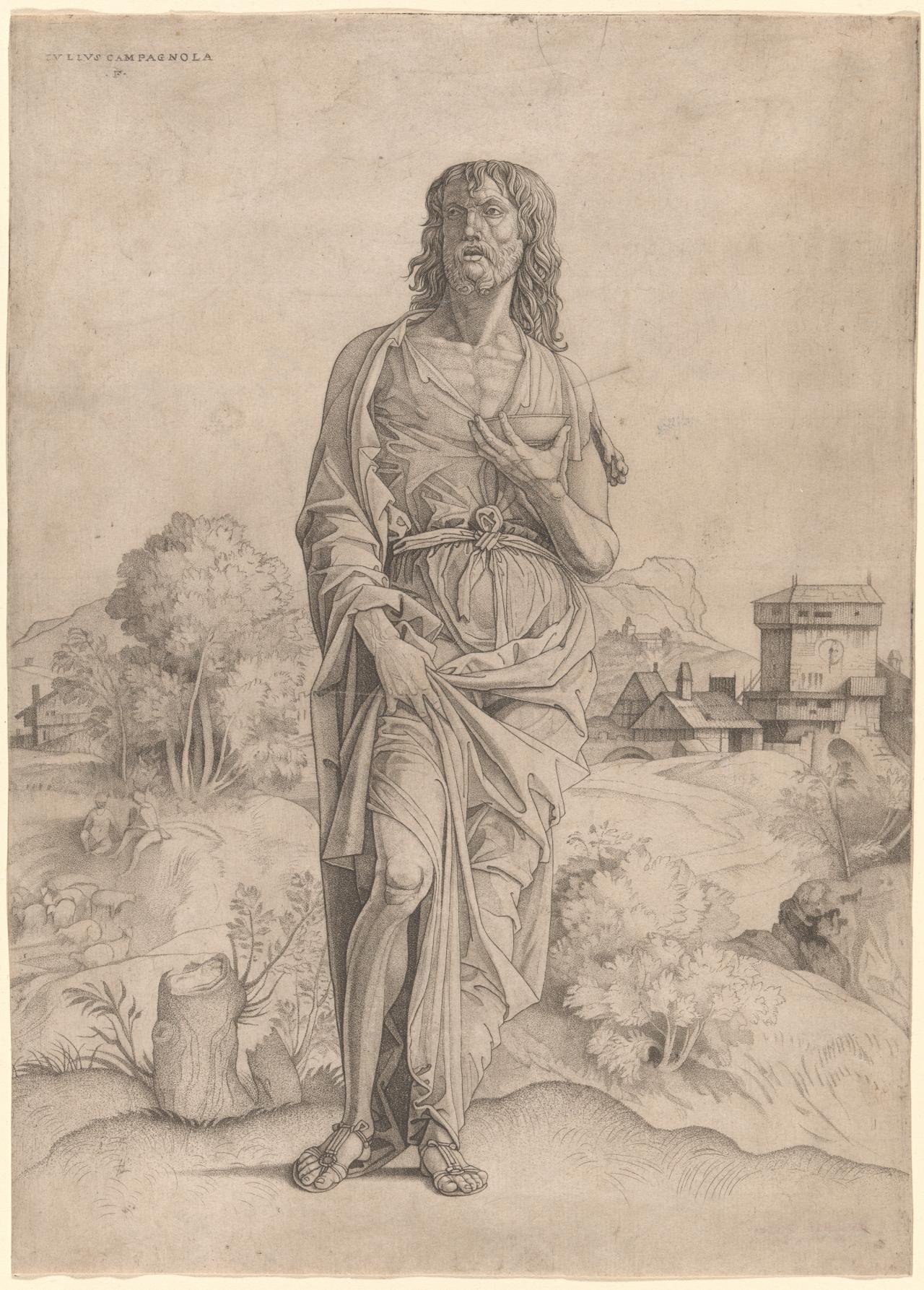 Giulio CAMPAGNOLA<br/>
<em>St John the Baptist</em> (c. 1505) <!-- (recto) --><br />

engraving and stipple-engraving<br />
33.2 x 23.8 (image and sheet)<br />
National Gallery of Victoria, Melbourne<br />
Felton Bequest, 1961<br />
862-5<br />

<!--23180-->