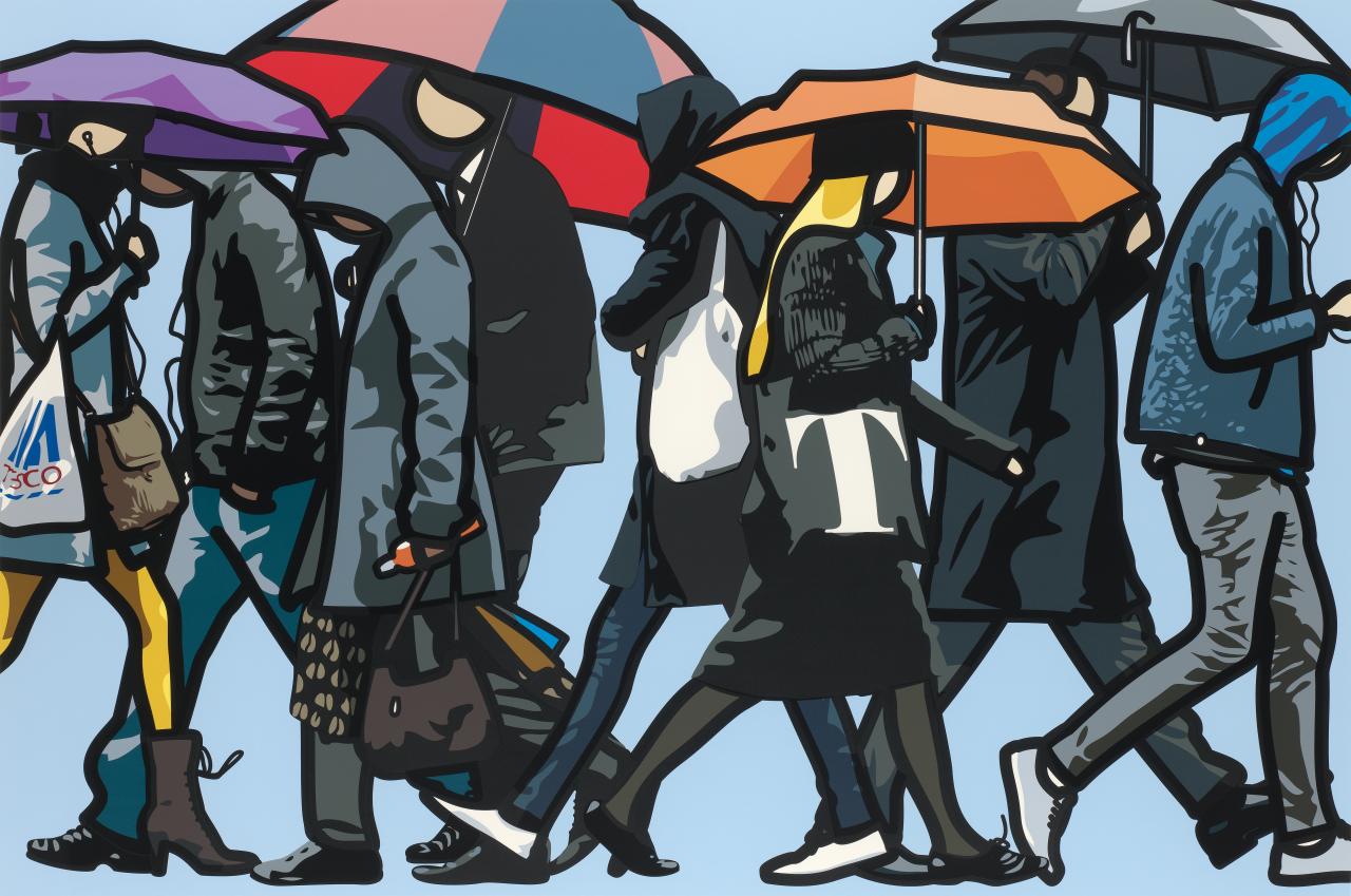 Julian OPIE<br/>
<em>Walking in the rain, London</em> 2015 <!-- (recto) --><br />

colour screenprint<br />
132.2 x 199.3 cm (image) 150.0 x 219.5 cm (sheet)<br />
ed. 11/50<br />
National Gallery of Victoria, Melbourne<br />
Purchased with funds donated by Ruth Houghton with the assistance of NGV Foundation Patrons and the Yvonne Pettengell Bequest, 2015<br />
2015.575<br />
© Julian Opie, courtesy Alan Cristea Gallery, London
<!--117604-->