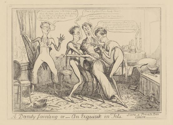 Isaac Robert CRUIKSHANK<br/>
<em>A dandy fainting or An exquisite in fits</em> (1818); 1835 {published} <!-- (recto) --><br />
from the <i>Cruikshankiana</i> series, published by Thomas McLean, London, 1835<br />
etching<br />
22.1 x 31.4 cm (image) 25.3 x 34.7 cm (plate) 37.5 x 56.3 cm (sheet)<br />
2nd of 2 states<br />
National Gallery of Victoria, Melbourne<br />
Gift of Mr B. Moore, 1899<br />
4203.19-3<br />

<!--31792--><br/><a class="col-link block" href="/explore/collection/work/31792"><strong>Collection page <i class="fa fa-angle-right"></i></strong></a>