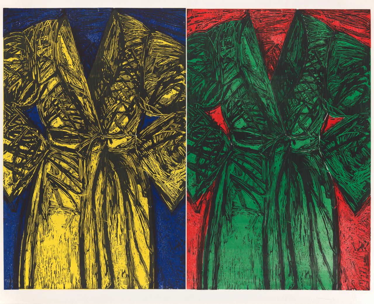 Jim DINE<br/>
<em>The kindergarten robes</em> 1983 <!-- (recto) --><br />

colour woodcut<br />
138.9 x 90.1 cm (block) (left) 138.8 x 90.8 cm (block) (right) 138.9 x 181.2 cm (image) (overall) 152.3 x 186.7 cm irreg. (sheet)<br />
ed. 55/75<br />
National Gallery of Victoria, Melbourne<br />
Gift of the artist, 2016<br />
2016.793<br />
© Jim Dine
<!--119167-->