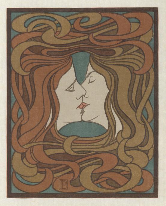 Peter BEHRENS<br/>
<em>The kiss</em> (1898) <!-- (recto) --><br />
<em>(Der Kuss)</em><br />
from <i>Pan</i>, vol. 4, no. 2, July-Sep 1898<br />
colour woodcut on Japanese paper<br />
27.2 x 21.6 cm (image and block) 37.1 x 27.6 cm (sheet)<br />
edition of 1100<br />
National Gallery of Victoria, Melbourne<br />
Ruth Margaret Frances Houghton Bequest, 2020<br />
2020.622<br />

<!--144792-->