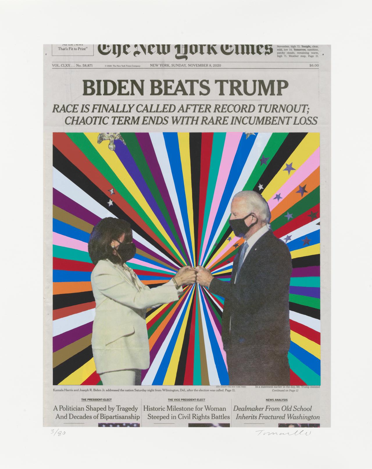 Fred TOMASELLI<br/>
<em>Biden beats Trump (November 8, 2020)</em> (2021) <!-- (recto) --><br />

inkjet print and colour screenprint<br />
40.5 x 30.5 cm (image) 50.8 x 40.7 cm (sheet)<br />
ed. 3/80<br />
National Gallery of Victoria, Melbourne<br />
Purchased NGV Foundation, 2021<br />
2021.148<br />
© Fred Tomaselli, courtesy James Cohan, New York
<!--145786-->