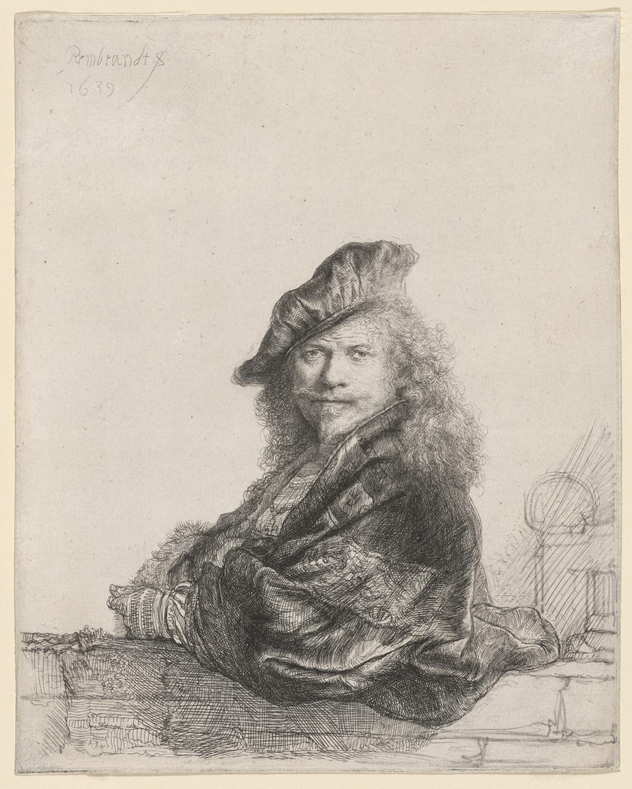 REMBRANDT Harmensz. van Rijn<br/>
<em>Self-portrait leaning on a stone sill</em> 1639 <!-- (recto) --><br />

etching, touched with black chalk<br />
20.5 x 16.4 cm (plate) 20.8 x 16.6 cm (sheet)<br />
1st of 2 states<br />
National Gallery of Victoria, Melbourne<br />
Purchased, 1891<br />
p.186.5-1<br />

<!--40199-->